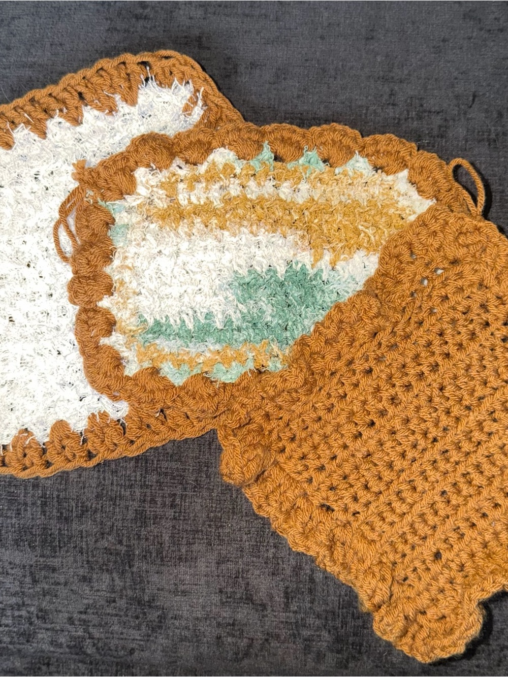 Handmade Crocheted Washcloths Set - Brown, Cream & Mint